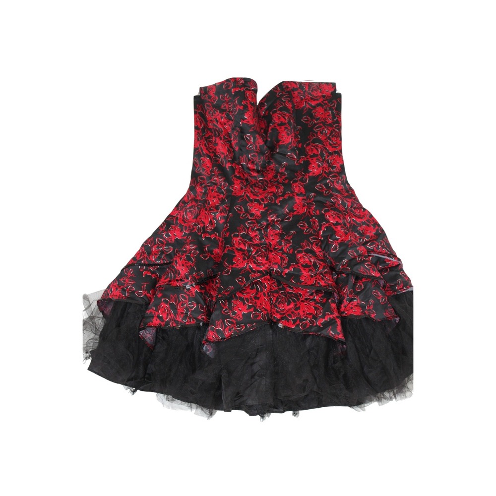 Vtg Y2K Whimsigoth Romantic Masquerade Red & Black Floral Party Mini Dress 4